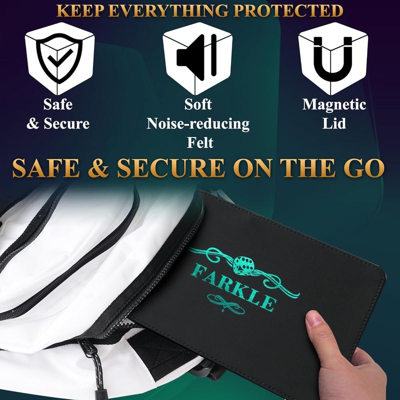 Soar Forge Deluxe Farkle Dice Tray and Storage - Elegant Faux Leather Travel Case with Score Sheets, 2 Sets of Dice & Velvet Lined Rolling Arena for Many Classic Games (Emerald Green) - Image 5